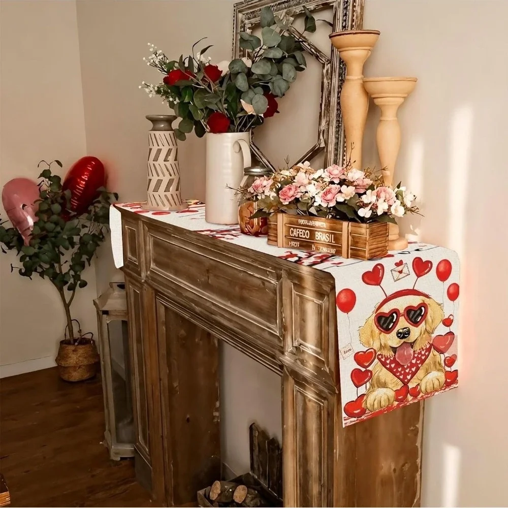 Happy Valentine's Day Golden Retriever Dog Table‎ Runner Hearts Cute New